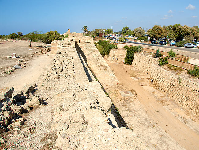 Crusader fortress wall and dry moat - Caesarea