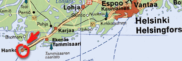 Карта юга Финляндии (Хельсинки-Ханко)