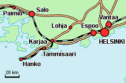 Detail map Helsinki-Hanko route