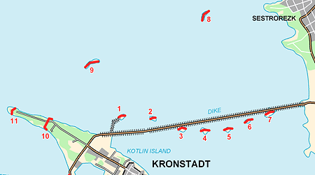 Карта расположения северных фортов Кронштадта