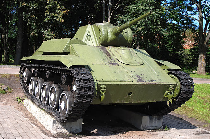 Light tank T-70 - like a military monument near the Novgorod Kremlin
