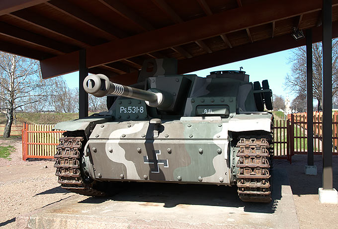 German self-propelled gun Stug-III at the entrance to the city of Hamina